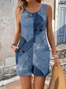 EMERY ROSE Women's Denim Effect Print Pocket Romper, Suitable For Spring And Summer Suitable For Going Out,Casual - Multicolor - View 2