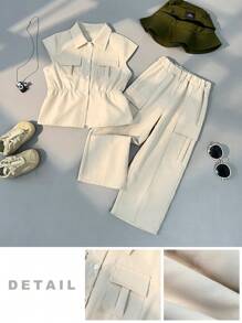 SHEIN Bộ 2 áo thun ngắn tay phong cách thường ngày cho bé gái và quần túi hộp phù hợp cho các chuyến đi chơi thành phố, mặc hàng ngày, đi học, tiệc tùng và các dịp khác, mùa hè - Màu be - Xem 3