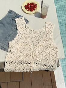 Comfortcana Plus Size Vacation Casual Solid Color Hollow Out Knit Vest - Beige - View 3