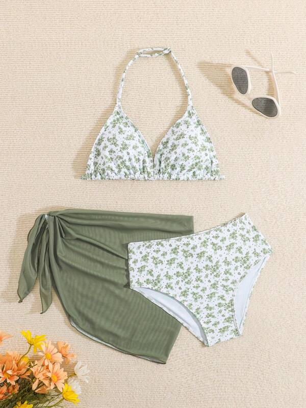SHEIN WESTFADE Young Cute Girls' Ditsy Floral Triangle Top & Skirt Bikini Swimsuit Set (Print Style Random)