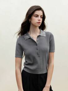 BizChic Women's Elegant Grey Diamond Rhinestones Turndown Collar Half Open Button Short Sleeve Knitted Sweater,Autumn Office Work Commuting Vacation,Gray - Grey - View 5