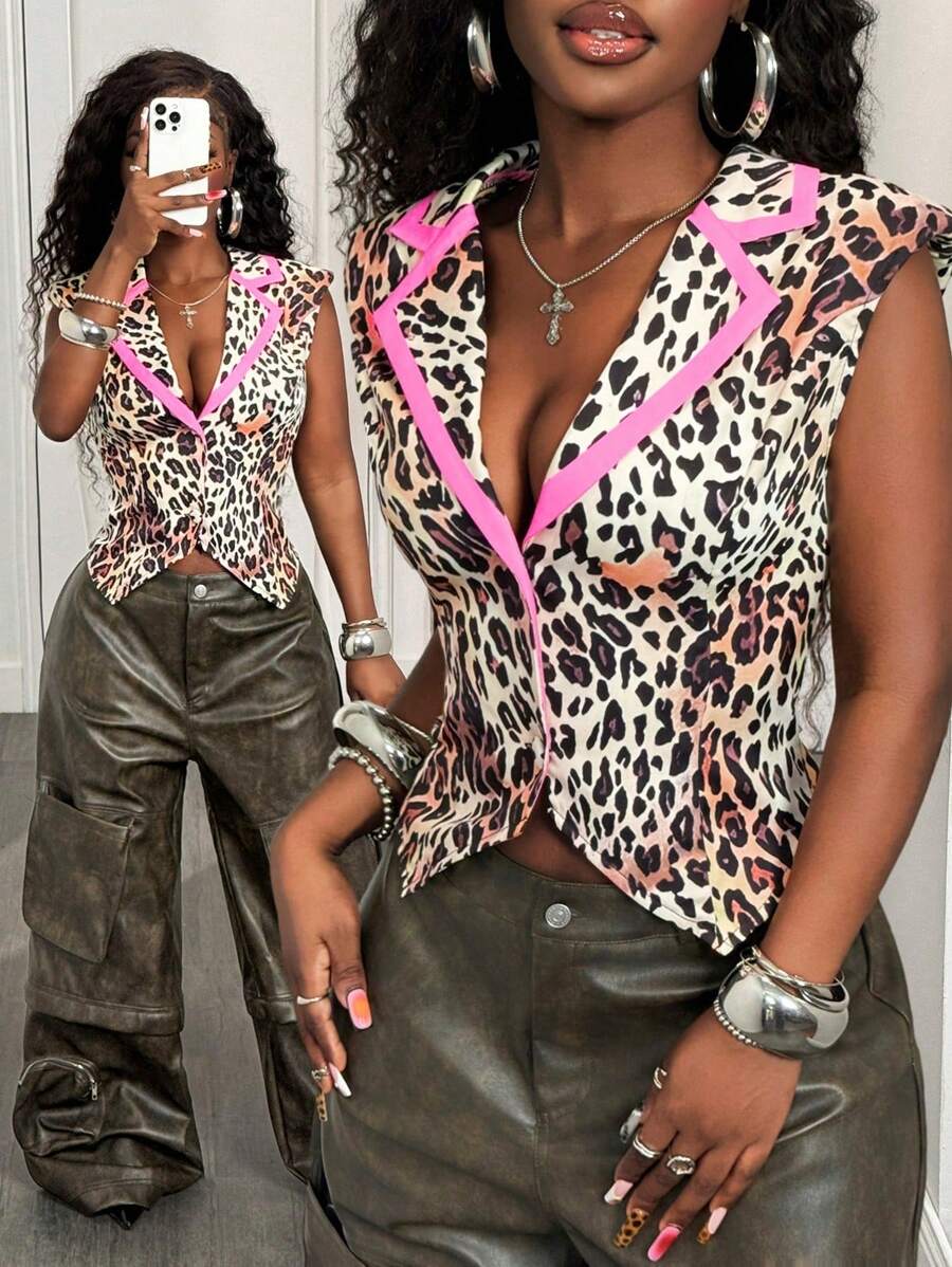 BamGleam Fashionable Contrast Leopard Print Sleeveless Suit - Brown - View 1