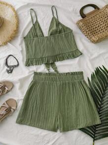 SHEIN VCAY Plus Frill Trim Shirred Knot Front Tube Top & Paperbag Waist Shorts,Sage Green,Summer,Boho,Beach,Holiday,Vacation Two Pieces Set For Plus Size Women - Khaki - View 2