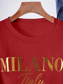 女士休闲字母印花圆领短袖 T 恤，夏季 - 紅色 - 查看 3