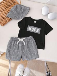 SHEIN 2 Stücke Baby Jungen/Mädchen Freizeitkleidung College Stil einfaches T-Shirt mit Rundausschnitt und kurze karierte Shorts Set, geeignet für Frühling/Sommer Tragen, zu Hause, Ausgehen, Party - Verschiedenfarbig - Übersicht 7