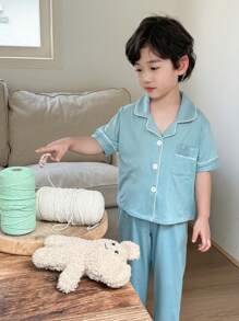2 件装年轻男孩纯蓝色休闲短袖衬衫和短裤套装，舒适家居服 - 綠色 - 查看 4