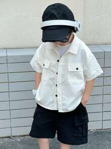 SHEIN 儿童/年轻男孩休闲街头时尚舒适贴片短袖宽松 Polo 领编织纯色衬衫，适合通勤、上学、日常休闲、旅行、运动、春夏季 - 白色 - 查看 6