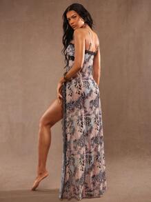 Hauture Capa larga sexy con detalles de encaje y estampado animal abstracto