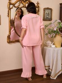 Côtesoire Plus Size Lace Trim Colorblock Pajama Set - Coral Orange - View 2