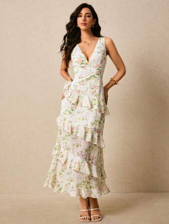 Poéselle 女士连衣裙 露背雪纺连衣裙 浪漫碎花连衣裙 荷叶边连衣裙 连衣裙 长裙 女士长款无袖深V领连衣裙，时尚夏季生日女士服装长裙复活节连衣裙夏装复活节女装夏季女装休闲女装休闲连衣裙乡村演唱会服装飘逸连衣裙外出服装可爱连衣裙