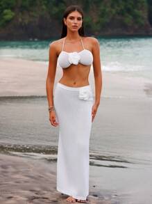 SHEIN Swim 透明针织超大花朵装饰露背松紧腰长裙 2 件套，休闲度假海滩罩衫 - 白色 - 查看 3