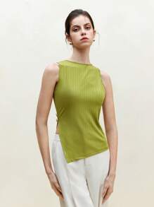 BizChic 2025 夏季新款音乐节派对上衣，适合婚礼宾客、早午餐、都市时尚通勤、浪漫休闲，春夏时尚百搭女士优雅针织 T 恤，条纹纹理，不对称开衩和金属纽扣开合 - 綠色 - 查看 4