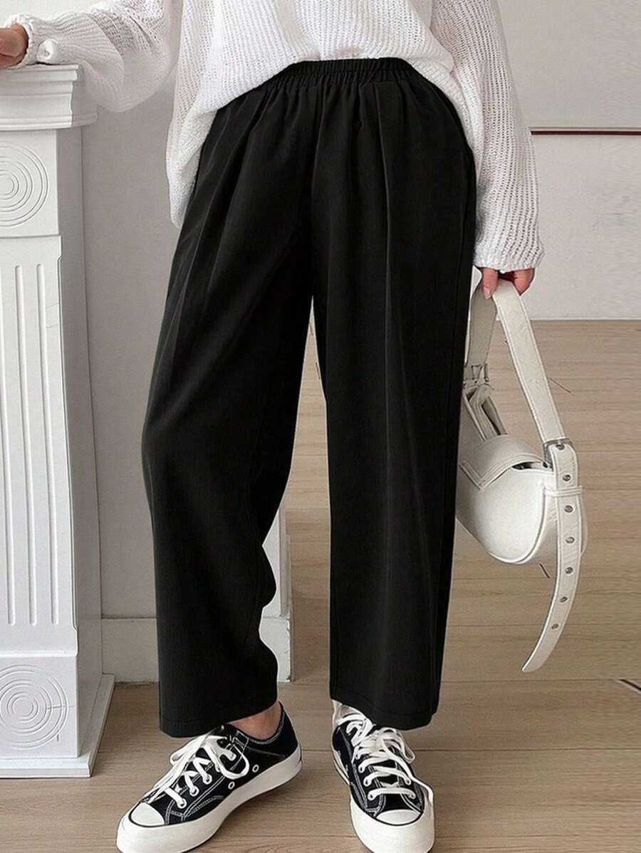 Dazy Plus Solid Color Loose Harem Drawstring Waist Cropped Casual Pants, Black, All Season Fall - Black - View 1