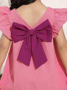 Young Girls' Lilac Purple Textured Chiffon Splice Rose Pink Skirt Flared Wide Sleeve Cap Sleeve Square Collar Splice 3D Bow Decor Mid-Length Casual Chic Korean Style Dress, Suitable For School, Travel, Vacation, Summer, Beach - Pink - View 4