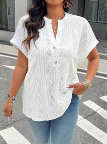 Breezaya Plus Size V-Neck Button Accent Raglan Short Sleeve Jacquard Simple T-Shirt - White - View 6