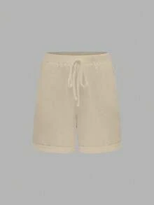 EMERY ROSE Plus Size Women's Cotton Cinched Waist Back Pocket Button Decor Short Vacation Top - Khaki - View 3