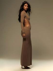 MUSERA Robe longue fendue à manches longues Y2K pour l'été, les vacances, les festivals. Tenue de soirée d'hiver - Tabac - Voir 2