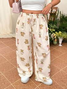 CovetEZ Plus Size Women's Casual Long Pants: Adorable Teddy Bear Print Woven Fabric Pants With Pockets - Multicolor - View 3