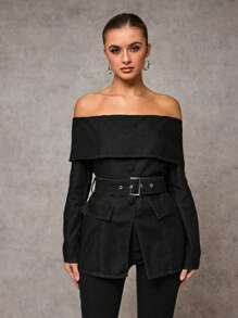 SHEIN BAE 女士休闲露肩牛仔外套 - 黑色 - 查看 3