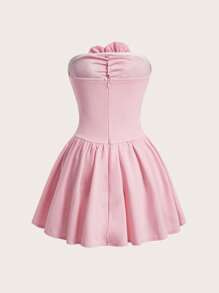 Glamine Vestido curto feminino de cor sólida, sem alças, vazado, com flores 3D - Rosa chiclete - Visão 2