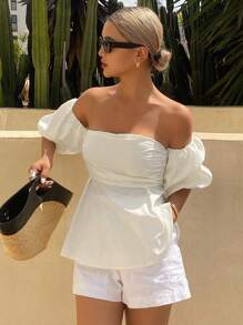 Livesso Blusa corta a spalle scoperte con maniche a sbuffo, di colore unito, per vacanze al mare, crociere, outfit da donna. Top a balze, scollo a spalle scoperte