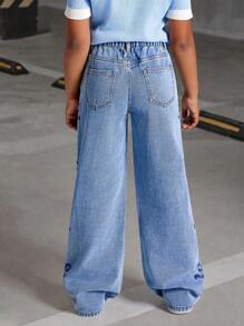 SHEIN Streecool Kids Nuevos Jeans rectos de mezclilla lavada con bordado de lazo lateral, de moda informal para niña preadolescente