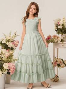 Vestido largo elegante para niña con diseño floral, vestido de fiesta de gasa sin mangas con estampado floral para niña preadolescente - Verde - Ver 5