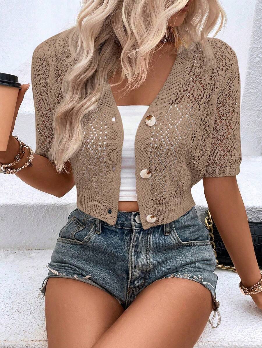 SHEIN LUNE Cárdigan informal de manga corta con botones delanteros, cuello en V y unicolor, de peso ligero - Marrón Mocha - Ver 1