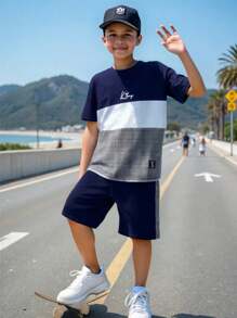 2pcs/Set Young Boys Casual Comfortable Contrast Color Short Sleeve Top And Shorts Set