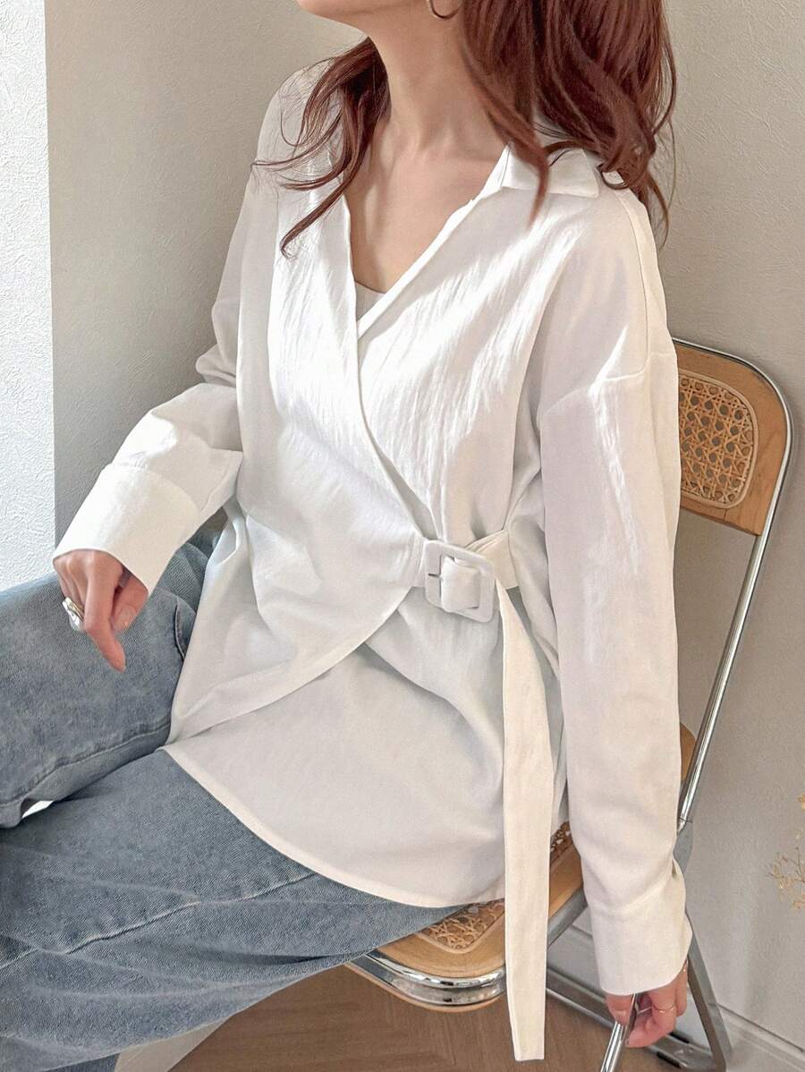 FRIFUL Camisa feminina de cor sólida com ombros caídos e manga comprida, casual, com cinto solto na cintura, outono - Branco - Ver 1