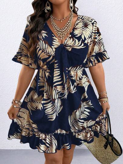 SHEIN Clasi Plus Size Casual Vacation Floral Leaf Ruffle Trim Shift Dress
