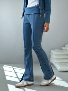 SHEIN EZwear Women's Casual Long Knitted Pants With Exposed Seam Detailing - Black - View 4