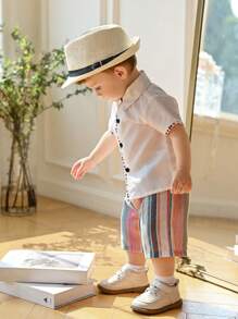 SHEIN Baby Boy Casual Single-Breasted Short Sleeve Shirt And Striped Shorts Set - Multicolor - View 5