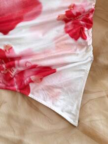 Soleia Plus Size Women Tie Dye Floral Print One Shoulder Smocked Asymmetrical Ruffle Hem Fitted Top - Pink - View 6