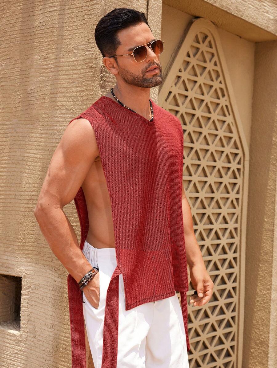 Manfinity RSRT Men's Solid Color Open Knot Crew Neck Sexy Tank Top, Summer Men's Sleeveless Shirts - Red - View 1