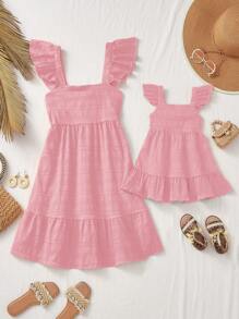 SHEIN Leap Crew Mommy And Me Vacation Matching Ruffle Trim Pink Dress For Summer - Pink - View 1