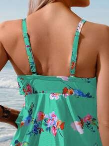 Swim Lushoire 2pcs/Set Colorful Layered Floral Ruffle Strap Bikini Tankini Set For Women - Green - View 5