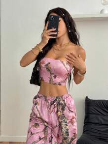 Coolane Women's Summer Sportswear Grunge Going Out Tree Branch Pattern Forest Camo Knit Tube And Parachute Pants Two Pieces Outfits - Pink - View 4