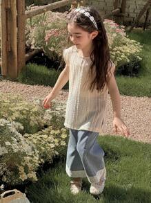 DAZY Bộ 3 món áo thun cổ tròn đan + áo liền quần + quần denim cho bé gái, mùa hè - Rửa trung bình - Xem 6