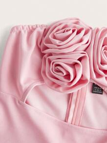 Glamine Vestido curto feminino de cor sólida, sem alças, vazado, com flores 3D - Rosa chiclete - Visão 6