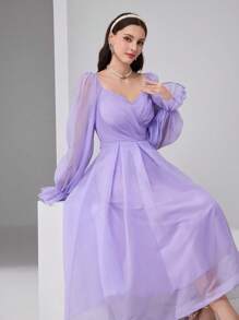 Modelyn Robe de soirée élégante de couleur unie ajustée à la taille, robe de fête, robe de bal pour femmes - Prune - Voir 2