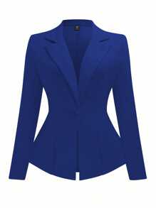 SHEIN Clasi 大码女式纯色斑驳翻领长袖修身西装外套 - 藍色 - 查看 1