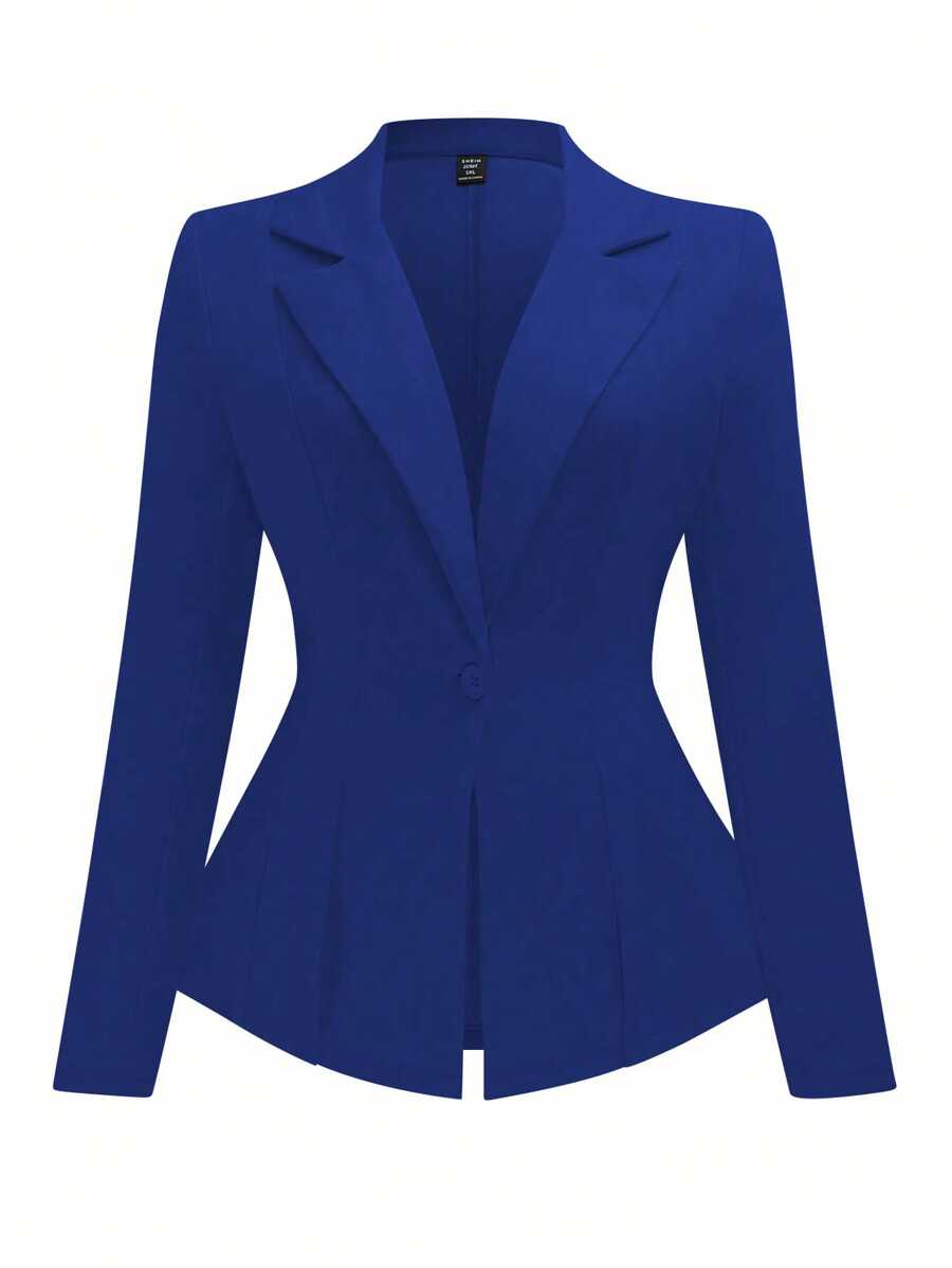 SHEIN Clasi 大码女式纯色斑驳翻领长袖修身西装外套 - 藍色 - 查看 1