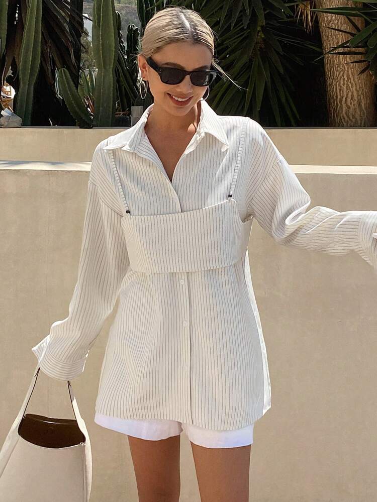 2pcs Set Women Navy Blue Loose Long Striped Camisole & Layered Shirt, Spring Autumn,Fall Women Clothes Long Sleeve Top