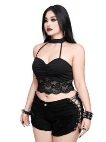 Whyspr Top scurt casual Punk Rave Plus Size pentru femei, sexy, din dantelă, cu imprimeu de patchwork, fără spate, cu halter - Negru - Vizualizare 6