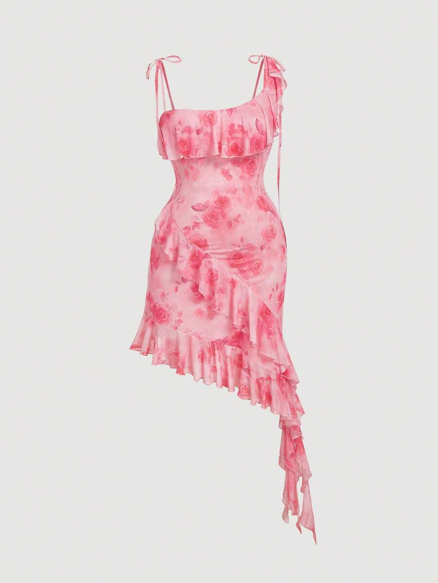 SHEIN MOD Abito oversize elegante con stampa floreale e volant asimmetrici sul fondo