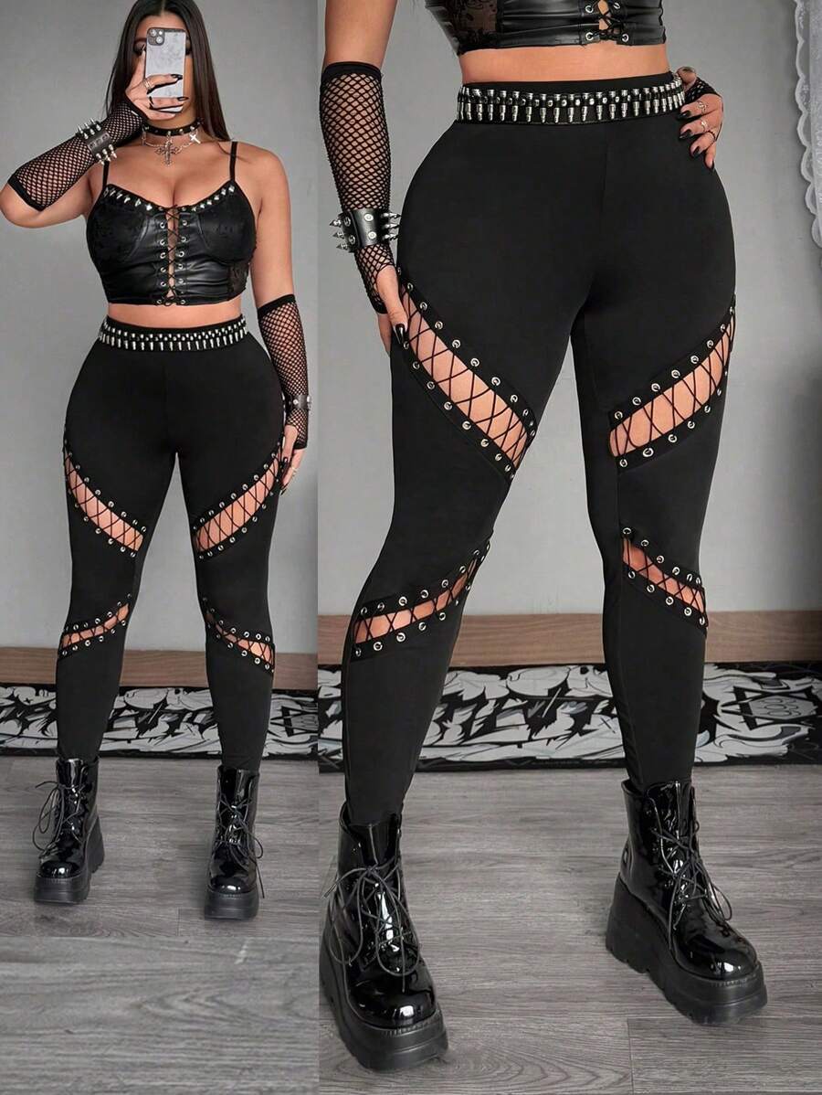 Whyspr Grunge Punk Rave Plus Size Leggings - Black - View 1