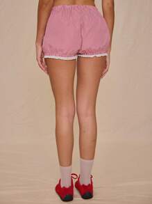 MUSERA Low Rise Drawstring Waist Lace Trim Gingham Puffball Mini Shorts Only Summer Vacation Cute Elegant Sweet Escape Party - Red and White - View 4