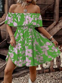 LanaWest Abito da donna con stampa floreale, scollo spalle scoperte, adatto per vacanze estive