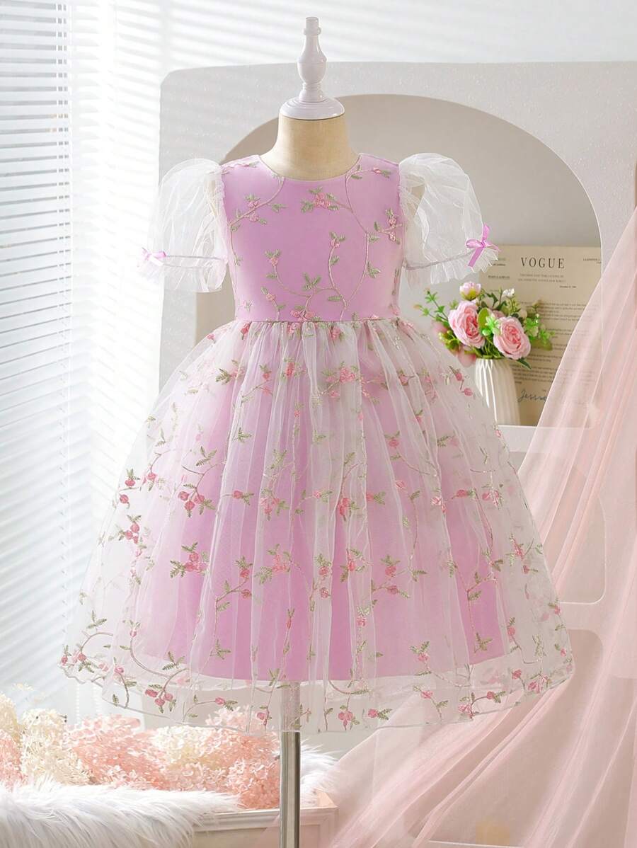 SHEIN Glamorique Kids Kleine Mädchen Blumen bestickte Mesh-BlumenKleine Mädchen Kleid mit Schleife, für Hochzeit, Feiertage, Urlaub im Sommer